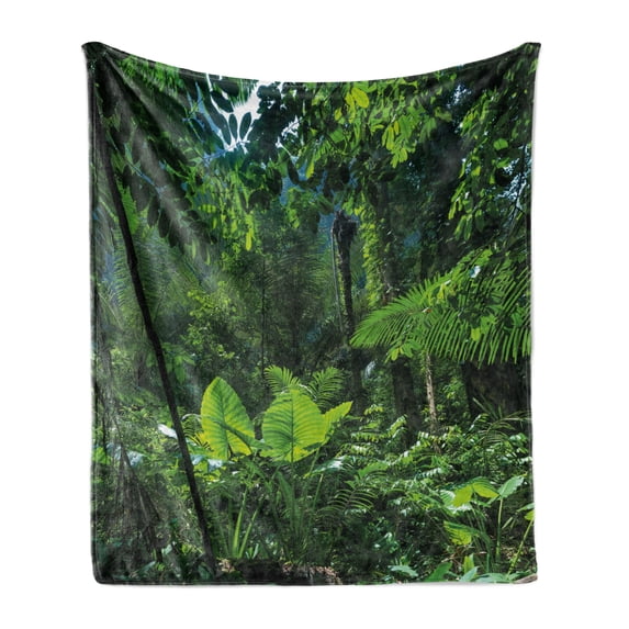 Plant Soft Flannel Fleece Blanket, Green Jungle Untouched Nature Environmental Concerns Flora Fauna Jungle Rainforest, Cozy Plush for Indoor and Outdoor Use, 60" x 80", Forest Green, by Ambesonne