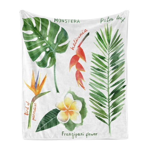 Plant Soft Flannel Fleece Throw Blanket, Bird of Paradise Palm Leaf and Assorted Exotic Flowers Watercolor, Cozy Plush for Indoor and Outdoor Use, 50" x 70", Earth Yellow Fern Green, by Ambesonne