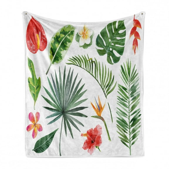 Plant Soft Flannel Fleece Throw Blanket, Diverse Pattern of Leaves and Flowers from Tropical Lands Heliconia Philodendron, Cozy Plush for Indoor and Outdoor Use, 50" x 60", Multicolor, by Ambesonne