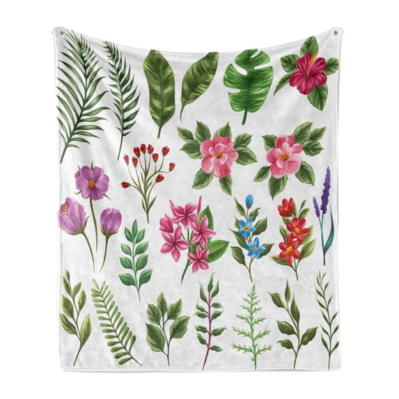 Plant Soft Flannel Fleece Throw Blanket, Exotic Flowers and Ferns Botanical Elements Flora Variety of Leaves, Cozy Plush for Indoor and Outdoor Use, 50" x 60", Multicolor Fern Green, by Ambesonne