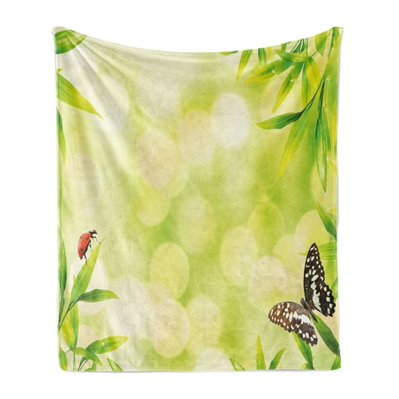Plant Soft Flannel Fleece Throw Blanket, Ladybug and a Butterfly Standing on a Bamboo Leaves Bokeh Background, Cozy Plush for Indoor and Outdoor Use, 50" x 70", Pale Green Multicolor, by Ambesonne