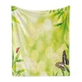 thumbnail image 1 of Plant Soft Flannel Fleece Throw Blanket, Ladybug and a Butterfly Standing on a Bamboo Leaves Bokeh Background, Cozy Plush for Indoor and Outdoor Use, 60" x 80", Pale Green Multicolor, by Ambesonne, 1 of 6