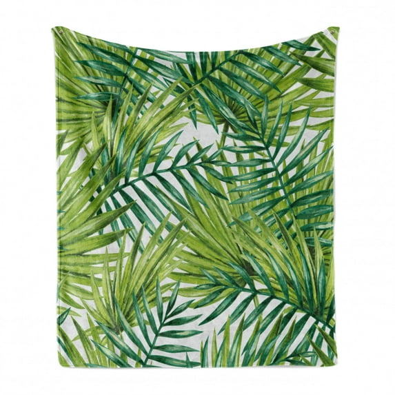 Plant Soft Flannel Fleece Throw Blanket, Watercolor Tropical Palm Leaves Colorful Illustration Natural Feelings, Cozy Plush for Indoor and Outdoor Use, 50" x 60", Fern Green Lime Green, by Ambesonne
