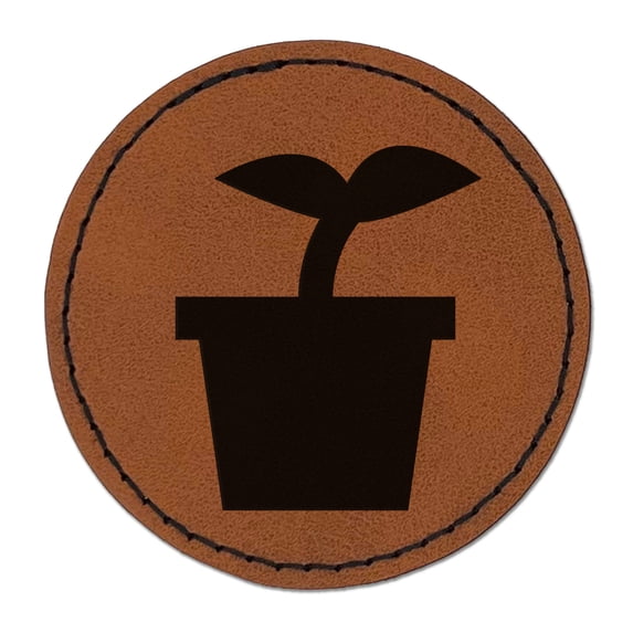 Plant Sprout Gardening Solid 2.5" Faux Leather Round Engraved Iron-On Patch - Brown