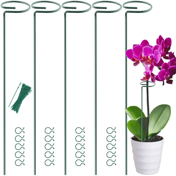 Plant Stake Support - 5 Pack, Happon Single Stem Plant Support Stakes with 20 Pcs Plant Clips & 20 Pcs Plant Twist Ties for Flowers Amaryllis Tomatoes Peony Lily Rose (17.8 inch)
