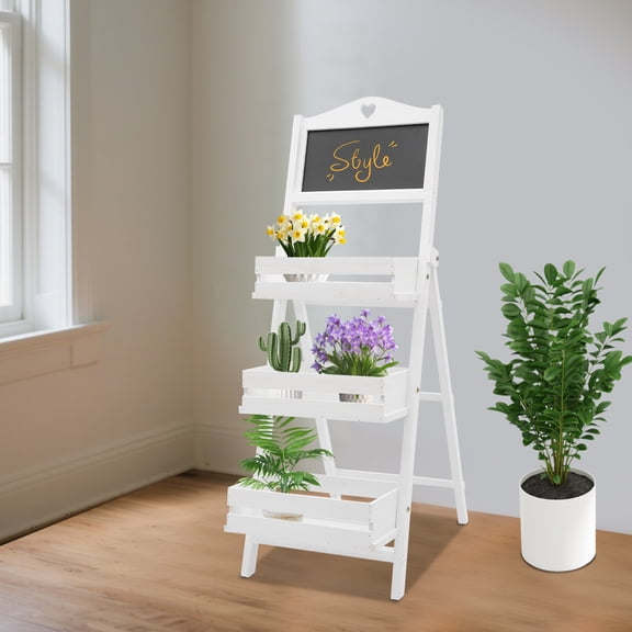 Plant Stand, 3-Tier Ladder Shelf for Plants, Wooden Plant Rack with Chalkboard Photography Background