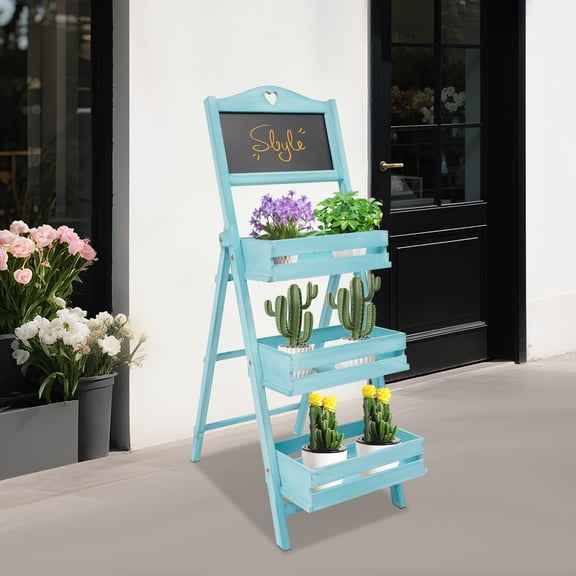 Plant Stand, 3-Tier Ladder Shelf for Plants, Wooden Plant Rack with Chalkboard Photography Background