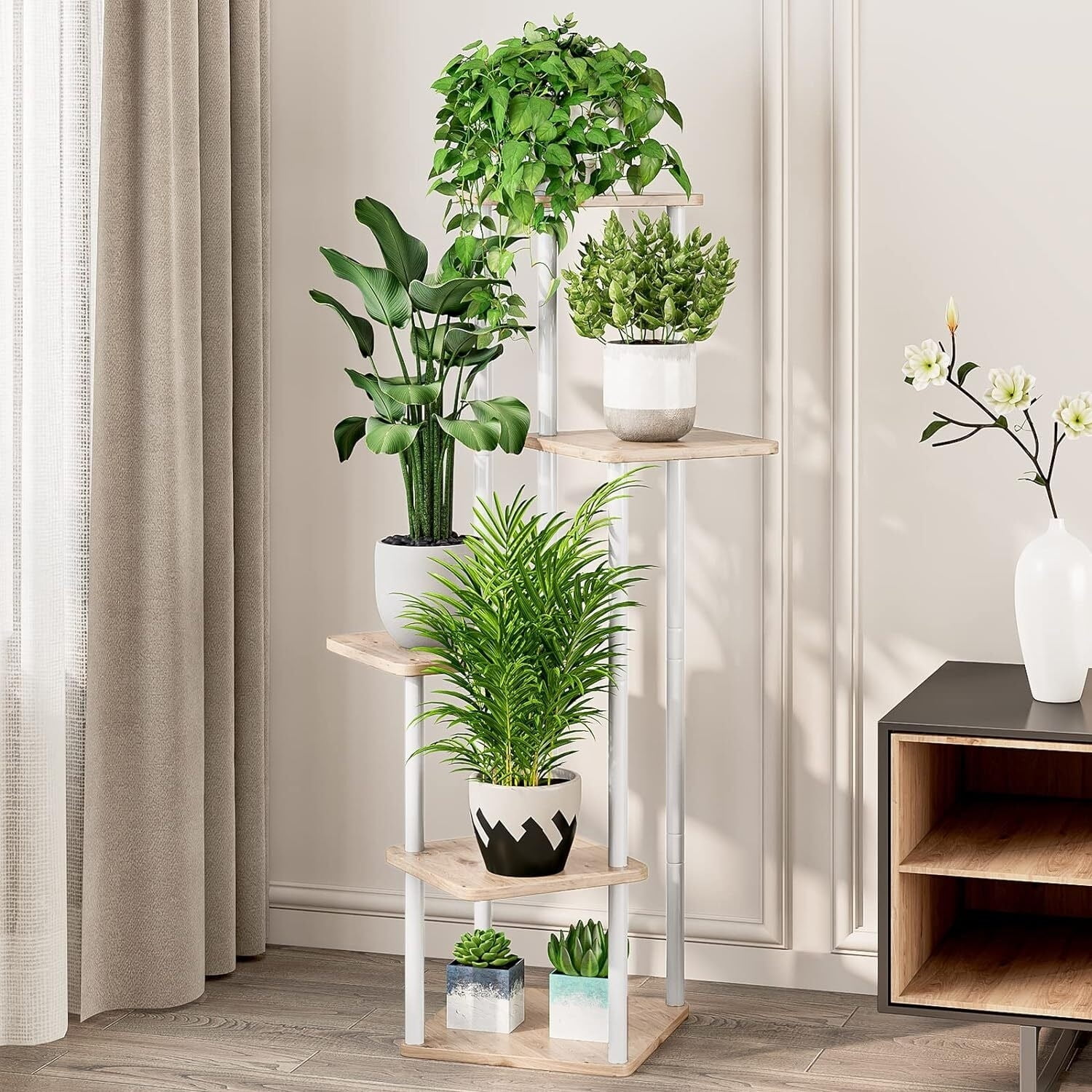 White and Sonoma Oak 5-Tier Metal Indoor Plant Stand
