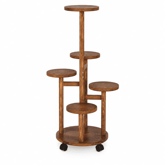 5-Tier Wooden Plant Stand with Wheels - Dark Brown Pine Indoor & Outdoor