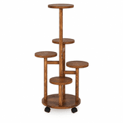 5-Tier Wooden Plant Stand with Wheels - Dark Brown Pine Indoor & Outdoor