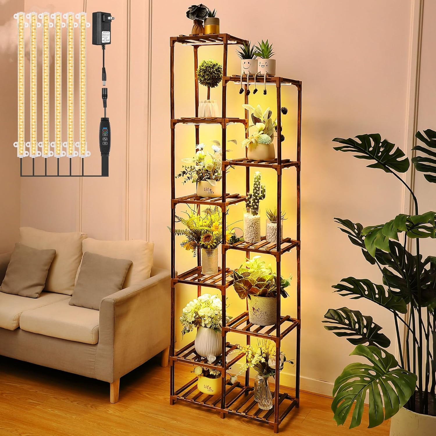 Plant Stand with Grow Lights, 10 Tier 11 Potted Wood Plant Shelf with