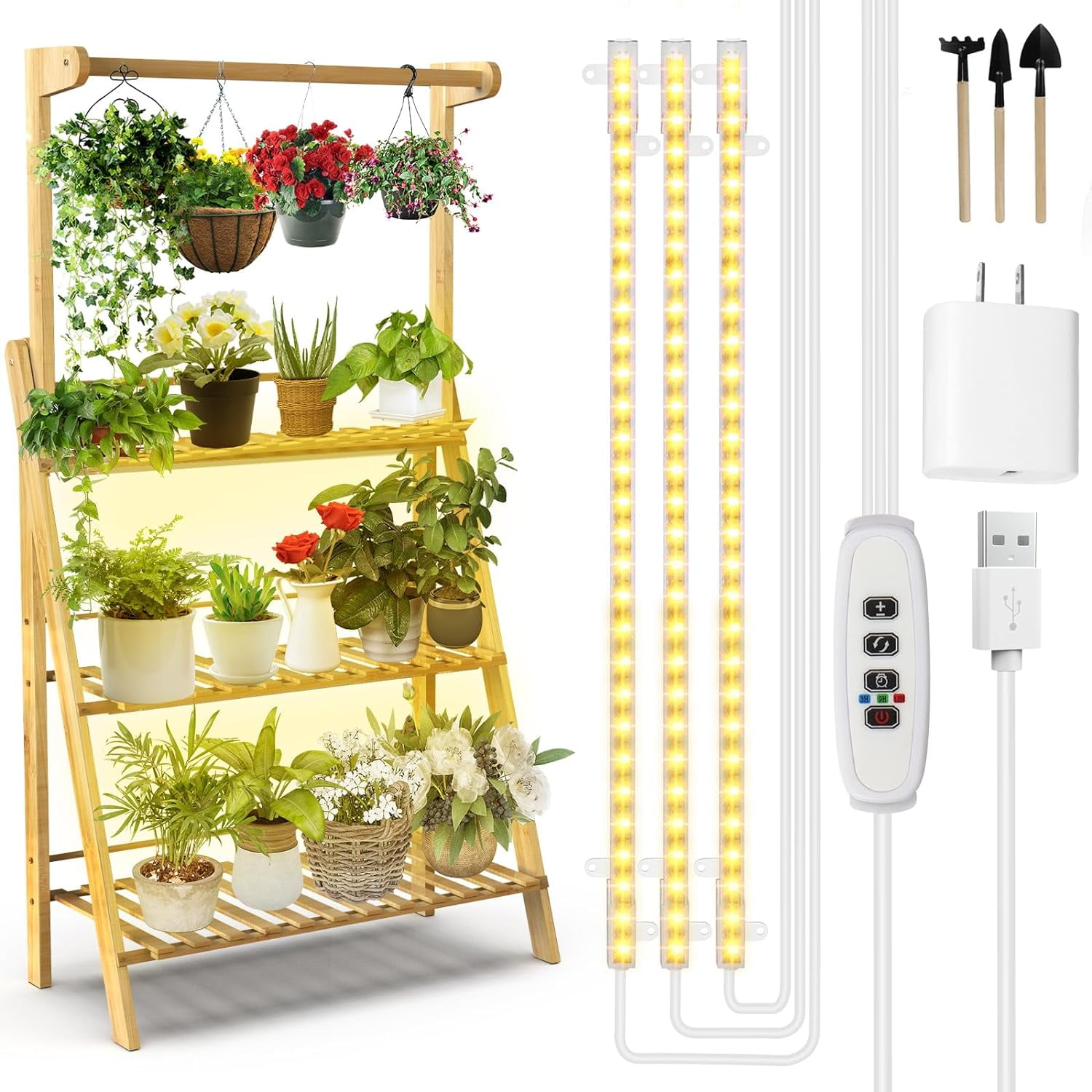 Plant Stand with Grow Lights Indoor Corner Bamboo Hanging Plant Shelf