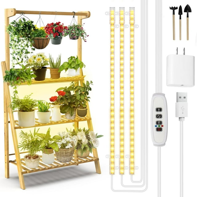 Plant Stand with Grow Lights Indoor Corner Bamboo Hanging Plant Shelf 3 Tier 12 Potted Tall