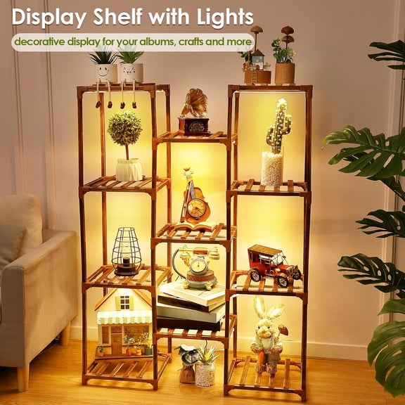 Plant Stand with Grow Lights Indoor, Plant Shelf with Full Led Grow Light, Timer Function and Brightness Adjustment, Flower Display for Corner Living Room Office(Wood, 11 Tiers Shape)
