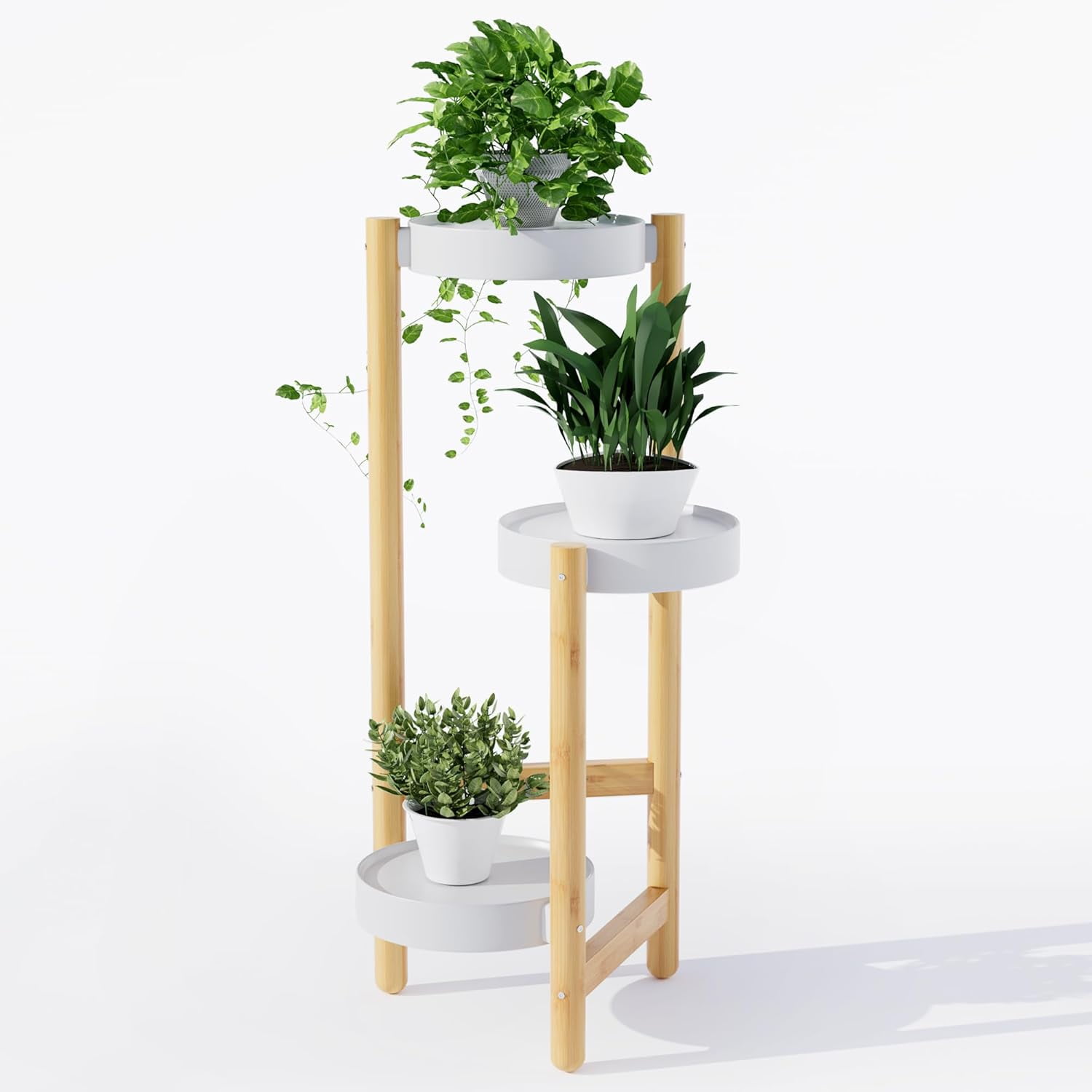 Natural Bamboo and White 3-Tier Corner Plant Stand