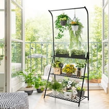 Plant Stand Indoor, 3-Tier Tall Plant Stand with Hanging Top Bar, Metal Plant Stand for indoor Plants Multiple, Plant Shelf for Outdoor Flower Pot Display Home Garden Balcony Patio Office