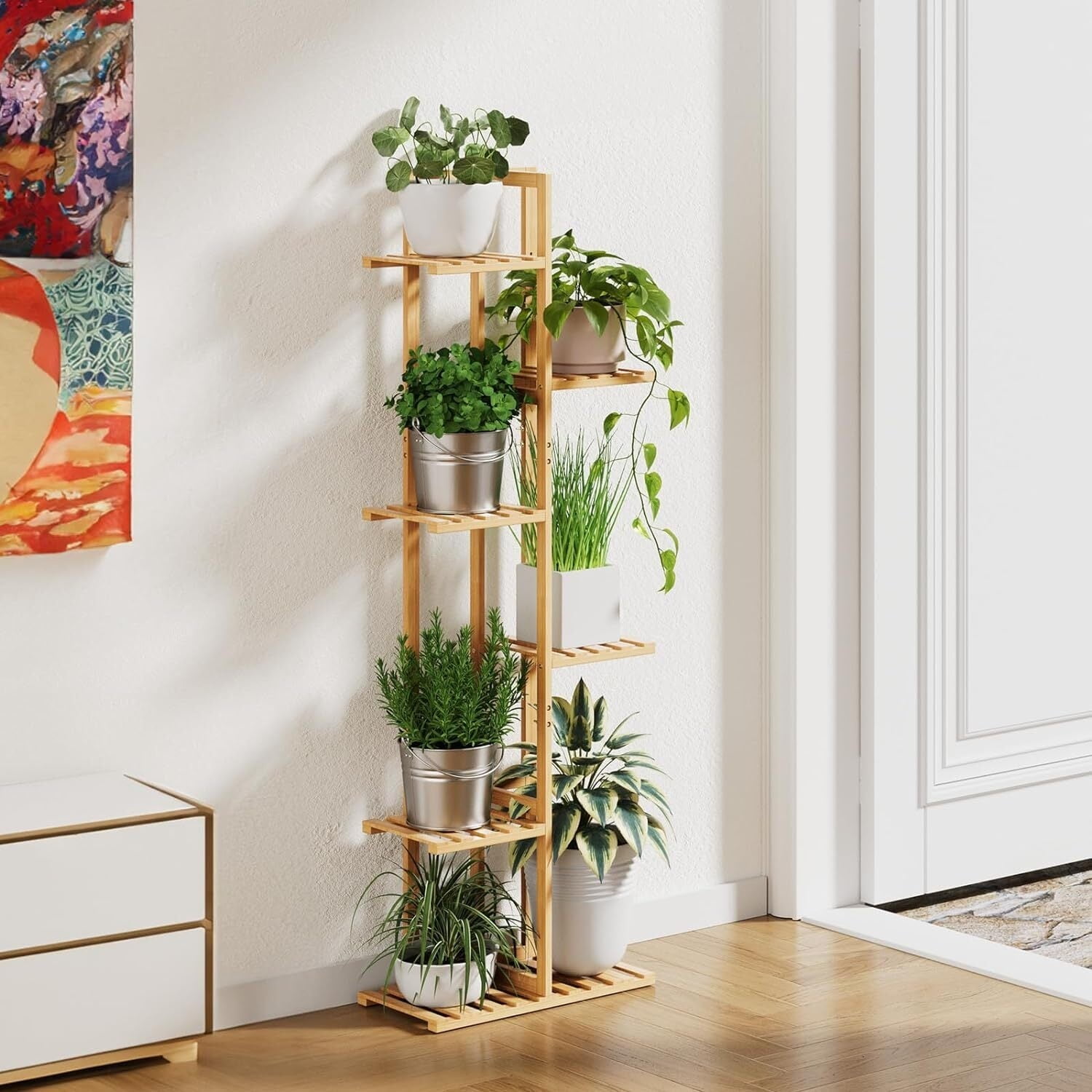 Natural Bamboo 6-Tier Plant Stand for 7 Potted Plants