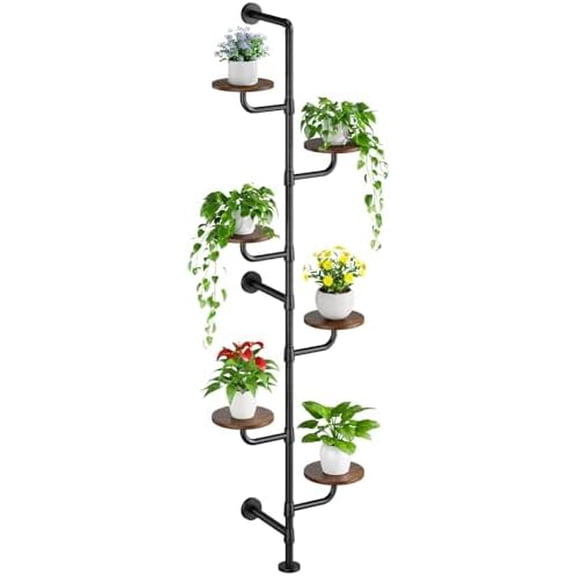 Plant Stand Indoor, 6-Tier Plant Shelf, Tall Wall Mounted Metal Pole & Rotating Wooden Board Plant Holder for French Window, Corner, Home Decor - C5$$Garden & Patio