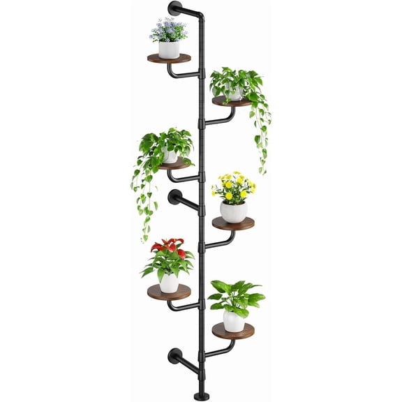 Plant Stand Indoor, 6-Tier Plant Shelf, Tall Wall Mounted Metal Pole & Rotating Wooden Board Plant Holder for French Window, Corner, Home Decor - C5