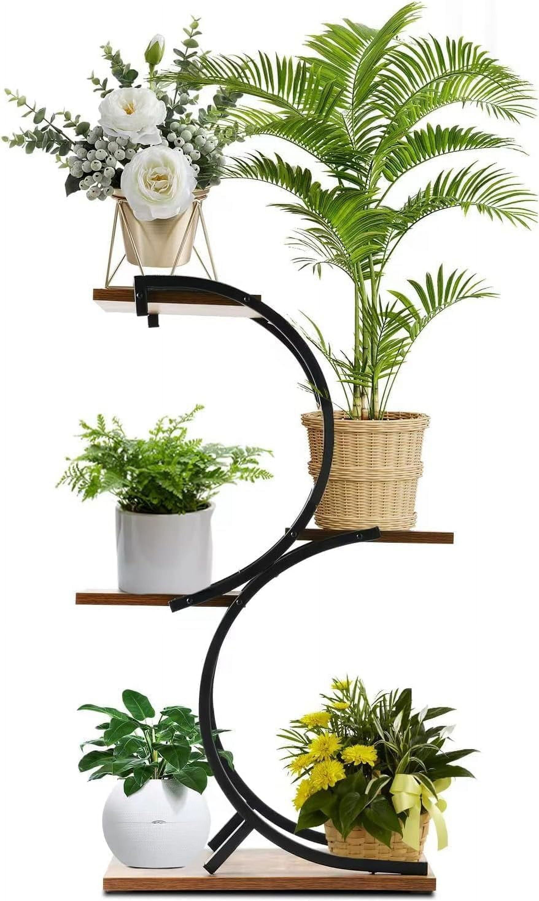 Double S Black Wrought Iron and Wood 6-Tier Plant Stand