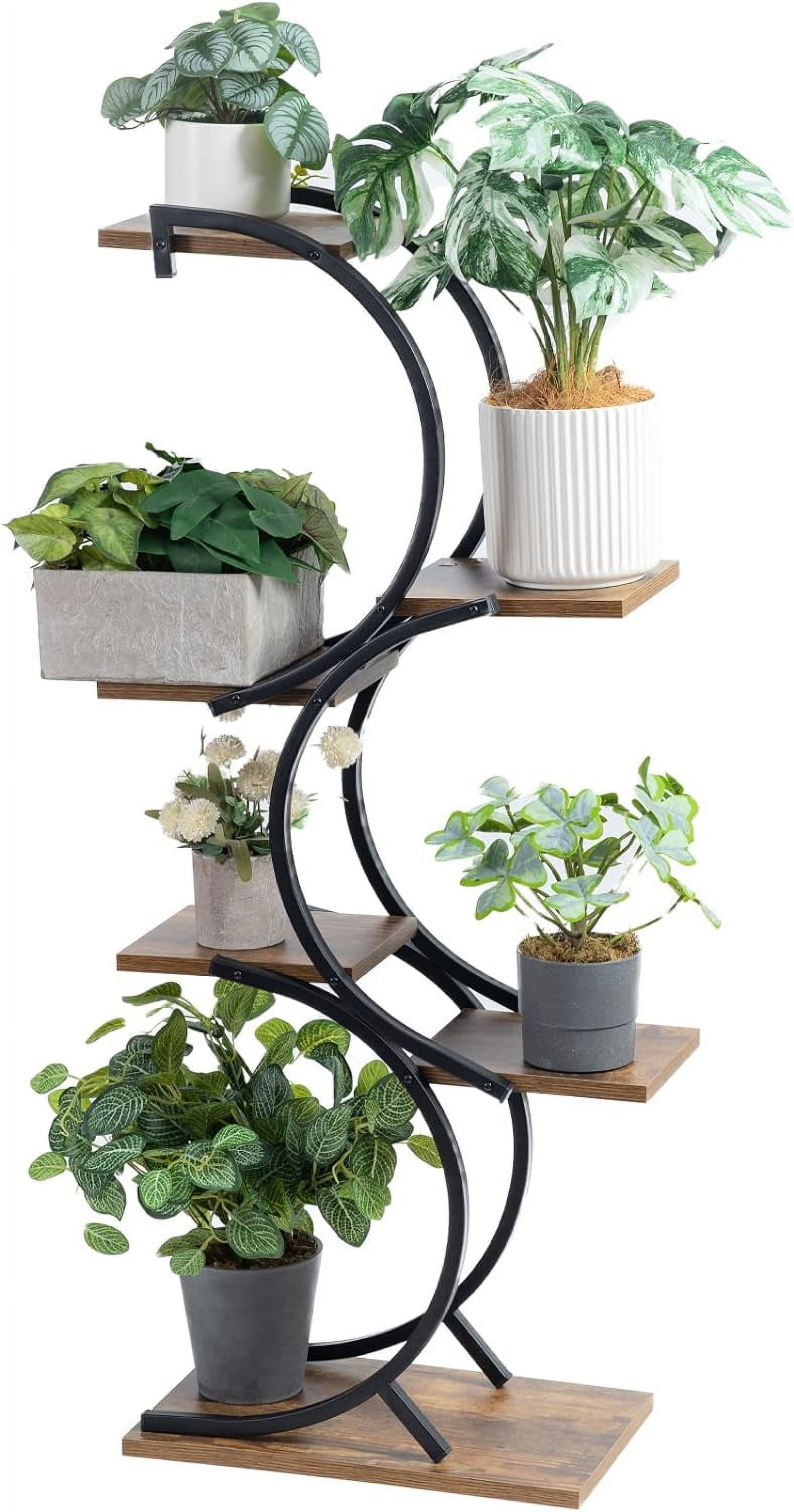 Double S Black Wrought Iron and Wood 6-Tier Plant Stand