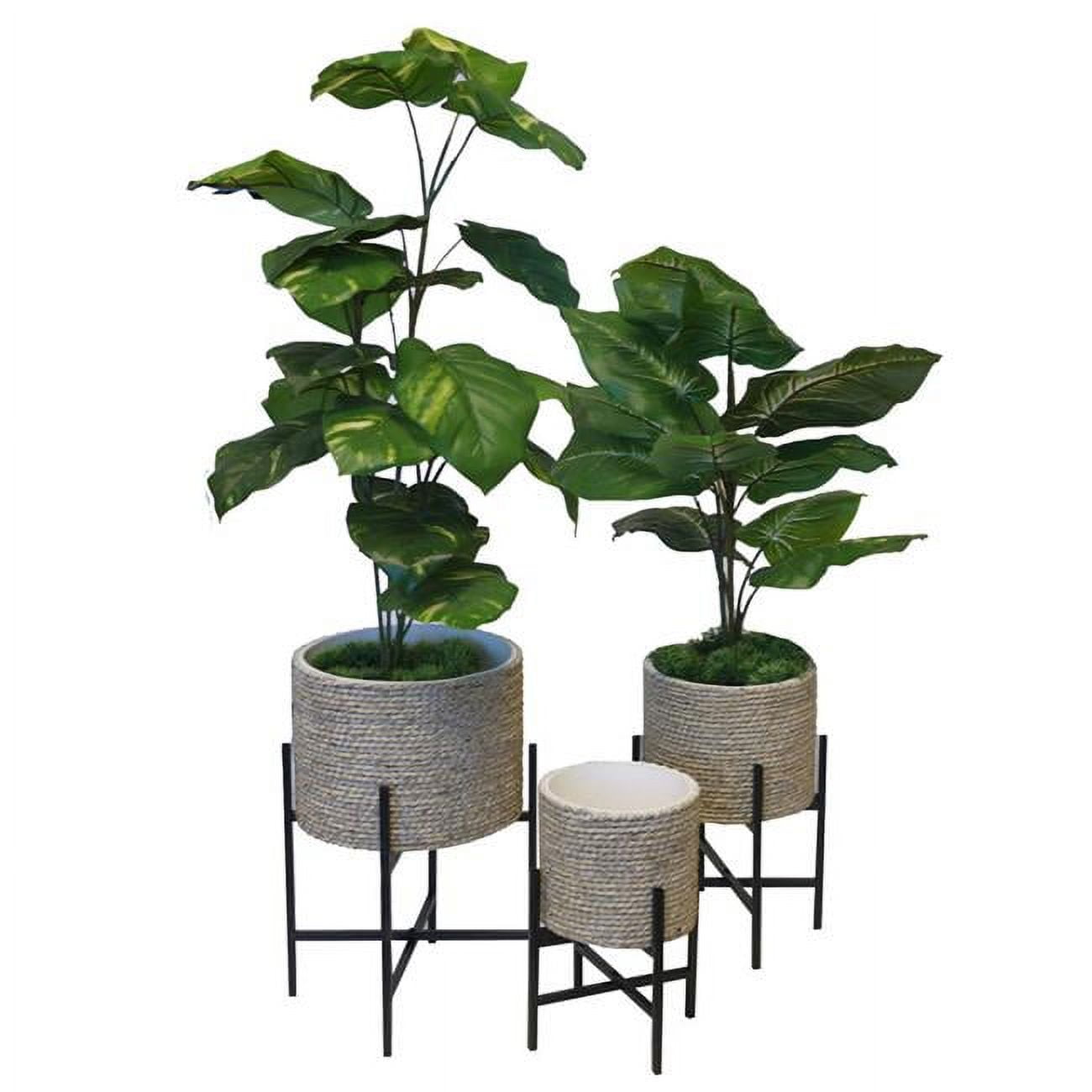 Set of 3 Tan Woven Planters with Black Metal Stands