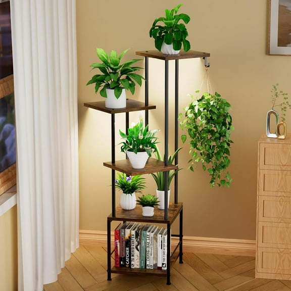 Plant Stand Indoor with Grow Light, 5-Tiered Tall Plant Stand Indoor, Metal Plant Shelf with Hanging Basket Hook and Adjustable Light, Ideal for Living Room, Garden, Patio white