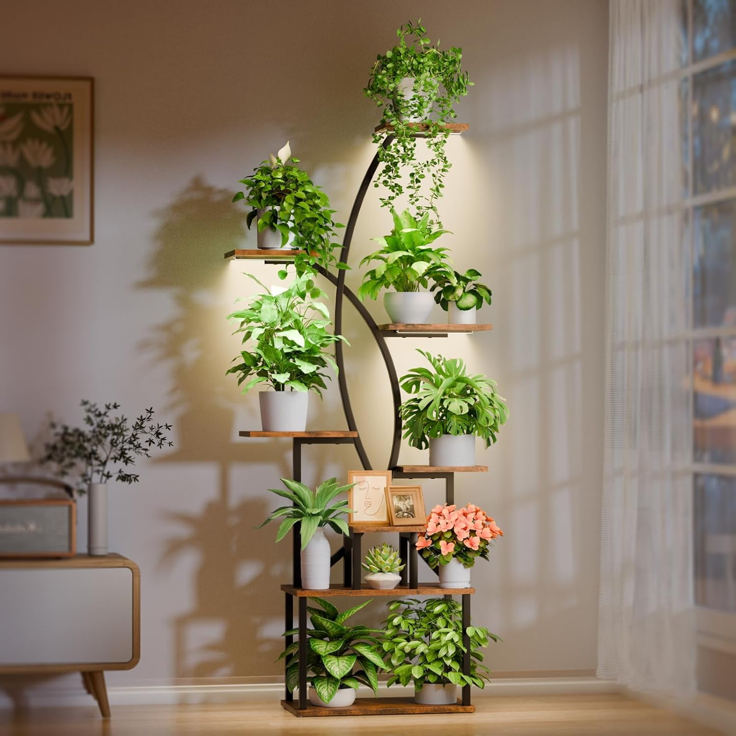 65" Tall Black Metal and Wood 6-Tier Plant Stand with Grow Light