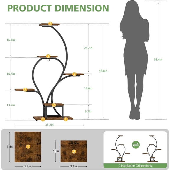 Plant Stand Indoor with Grow Lights - 6 Tiered Plant Shelf Indoor, 49" Tall Corner Plant Stands for Indoor Plants, Lighted Flower-Shaped Holder Stand, Display Rack for Living Room, Black)
