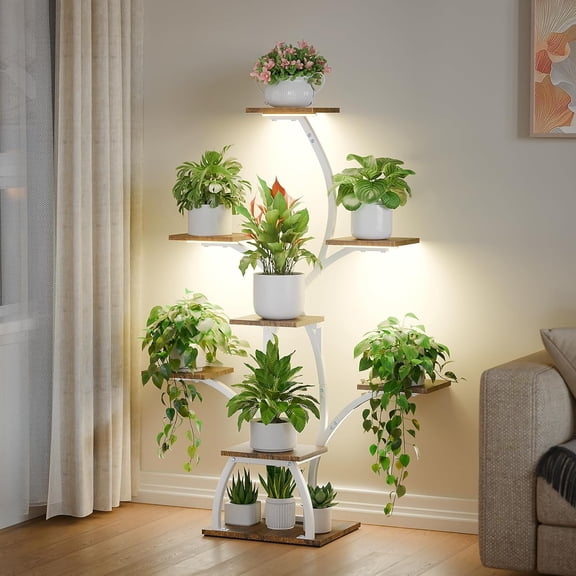 Plant Stand Indoor with Grow Lights, 6 Tiered Plant Shelf Indoor, 50" Corner Plant Stands for Indoor Plants, Lighted Tree-Shaped Plant Holder, Tall Flower Display Rack for Living Room, PatioWhite)