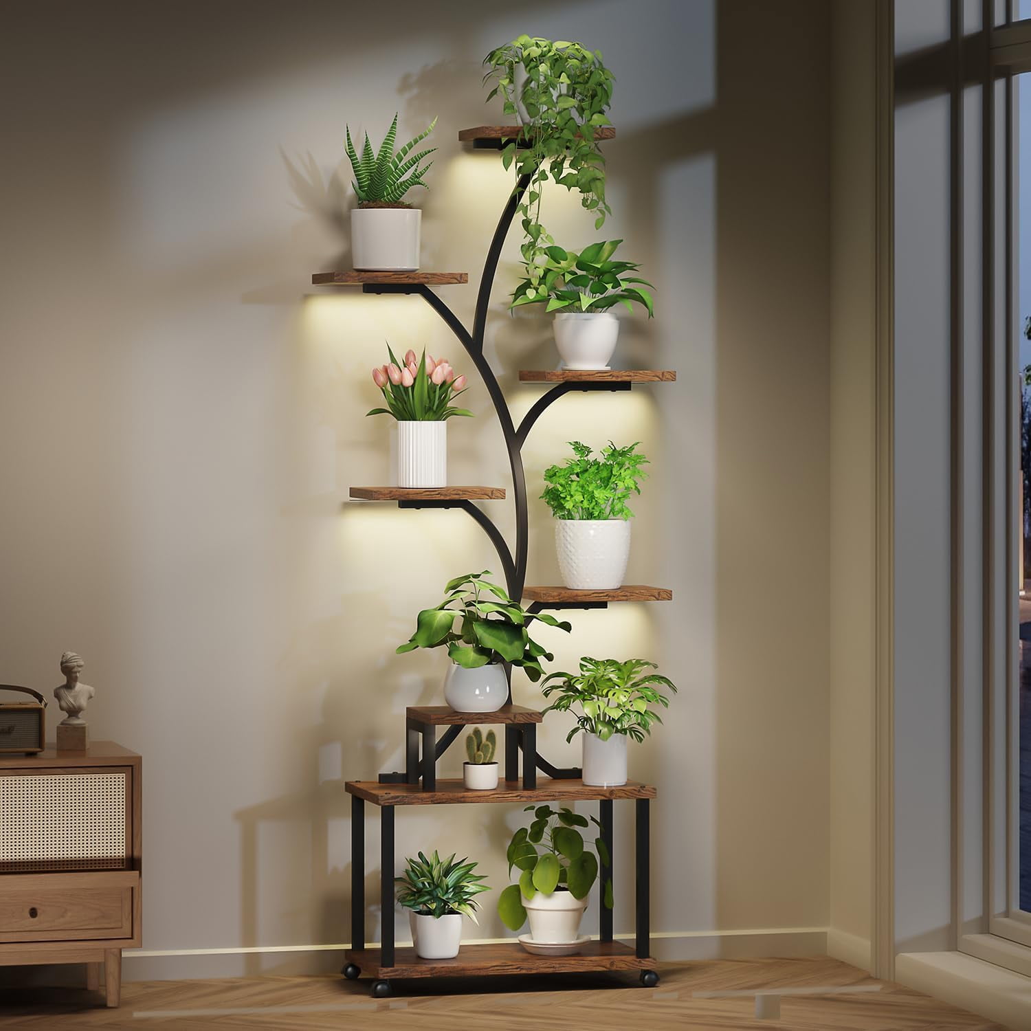 LotFun 8-Tier Plant Stand With Grow Lights - 61 Inch Tall Metal Plant Shelf With Wheels For Indoor Plants