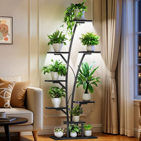 Biemlerfn Indoor Plant Stand with Grow Lights, 8-Tiered Plant Shelf, 63" Metal Plant Rack for Living Room, Garden, Patio or Balcony, Black