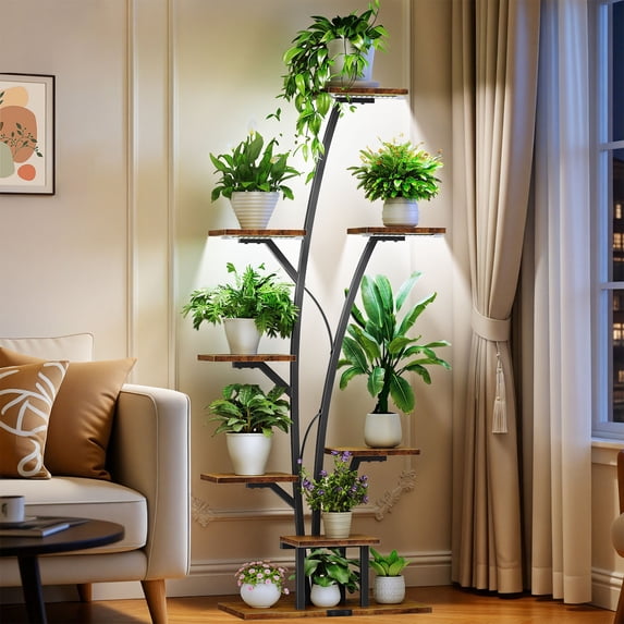 Biemlerfn Indoor Plant Stand with Grow Lights, 8-Tiered Plant Shelf, 63" Metal Plant Rack for Living Room, Garden, Patio or Balcony, Brown