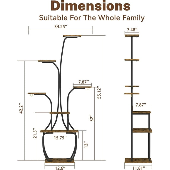 Plant Stand Indoor with Grow lights, 55" Tall 7 Tiered Large Plant Shelf for Indoor Plant Vase-Shape Rack Plant Pot Holder Gardening for Living Room Corner Black