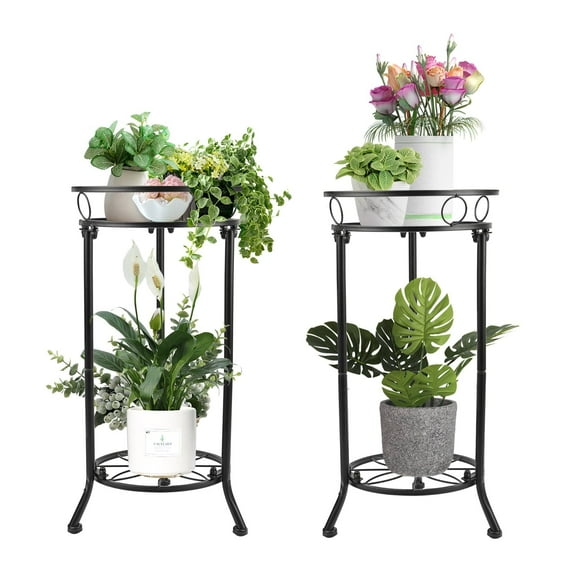 Plant Stand Indoor Outdoor 2 Tier Tall Metal Potted Holder Rack Flower Pot Stand Heavy Duty Plant Shelf Rustproof Iron Multiple Plant Round Supports Rack for Planter Corner Garden (20inchs-2Pack)