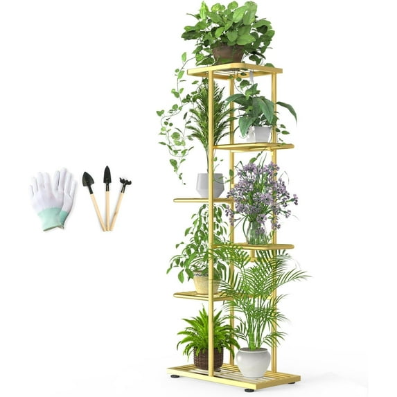 Plant Stand Indoor Outdoor, 6 Tier 7 Potted Corner Metal Tall Plant Shelf with Gardening Tools and Gloves, Flower Pot Holder Display for Patio, Balcony, Living Room