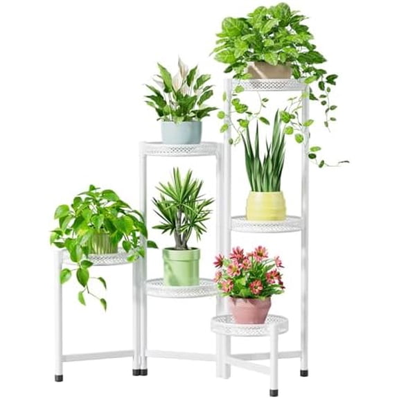 Plant Stand Indoor Outdoor, 6 Tier Corner Metal Flower Display Holder Shelf, Easy Assembly Folding Tall Orchid Rack for Patio Balcony Porch Garden Living Room House, Wrought Iron - White