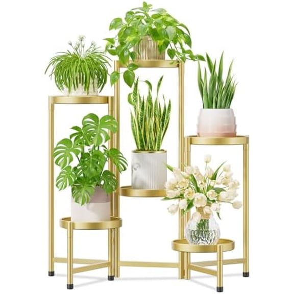 Plant Stand Indoor Outdoor, 6 Tier Corner Metal Flower Display Holder Shelf, Easy Assembly Folding Tall Orchid Rack for Patio Balcony Porch Garden Living Room House, Gold
