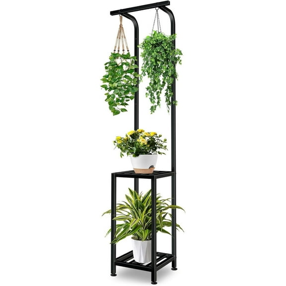Plant Stand Indoor Outdoor, 65" Tall Plant Stand Outdoor 3 Tiered Hanging Plant Shelf Heavy Duty Flower Stand Multiple Plant Metal Display Rack for Living Room Garden Balcony