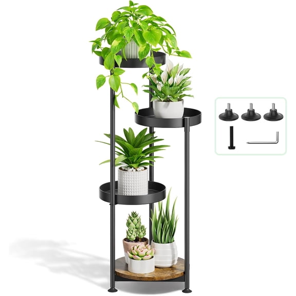 Plant Stand Indoor Outdoor Clearance, 4 Tier Metal Tall Flower Shelf Holder, Multiple Plant Round Corner Rack Organizer Display for Patio Orchid Office Porch Living Room Garden Balcony, Black