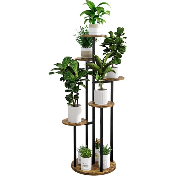 Plant Stand Indoor Outdoor Corner Plant Shelf for Multiple Flower Pots Flower Stand Holder for Patio Garden Balcony Living Room (Black+Rustic Brown, 6 Tier)