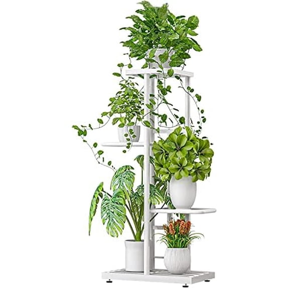 Plant Stand Indoor Outdoor Metal 4 Tier 5 Potted Multiple Flower Pot Holder Shelf Planter Display Shelving Unit for Patio Garden Corner Balcony Living Room (4 Tier 5 Potted, White)