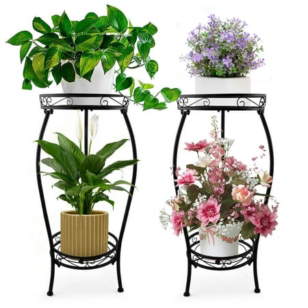 1Pack Plant Stand Indoor Outdoor,Tall Black Metal Rustproof Stable Plant Stands,2 Tier Multiple Plant Rack Holder Rack Flower Pot Stand Heavy Duty Plant Shelf