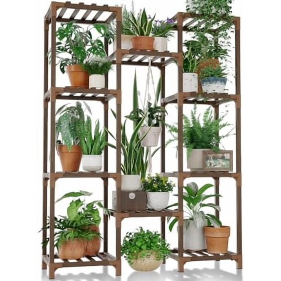 Plant Stand Indoor Outdoor Tall Plant Shelf for Multiple Plants Pots Wood Flower Stand Large Flower Holder for Living Room, Patio, Balcony, Garden Decor, Brown