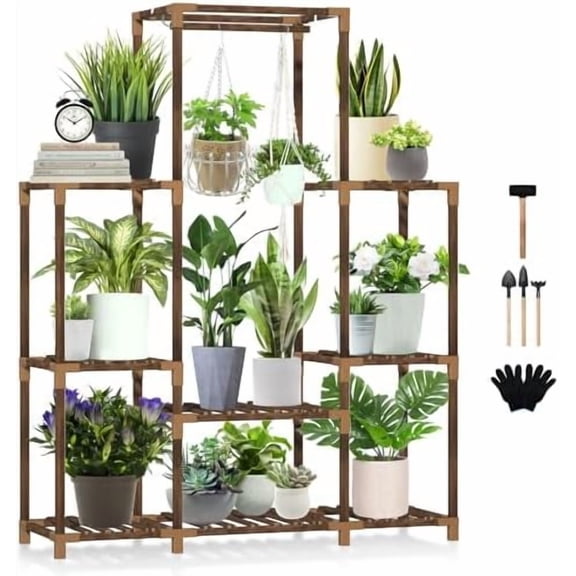 Plant Stand Indoor Outdoor Tall Shelf for Multiple Plants 8 Tiers 12 Pot Large Rack Pine Wood Corner Plant/Flower Holder for Room Corner Balcony