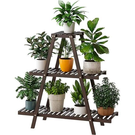 Plant Stand Indoor, Outdoor bamboo Plant Rack for Multiple Plants, 3 Tier 8 Potted Flower Holder Ladder,Plant Shelf Ladder Table Plant Pot Stand for Living Room, Patio, Balcony (Brown)