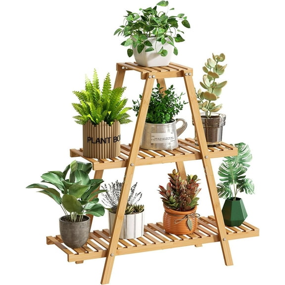 Plant Stand Indoor Plant Shelf Outdoor bamboo Plant Rack, 3 Tiers Ladder Plant Holder Flower Stand for Living Room Balcony Garden Patio,Living Room Boho Home Decor for Gardening Gifts (Natural)