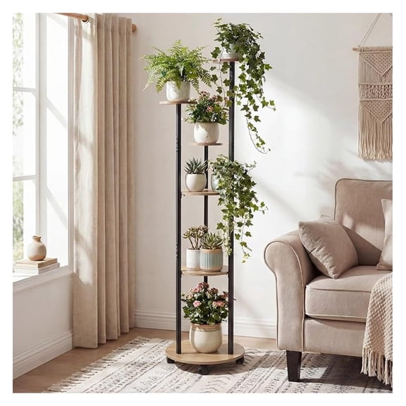 Plant Stand Indoor with RGB Grow Light, 6-tier 57" Tall Flowerpot Holder w/Adjustable Lighting Modes, Wheels, & APP Control, Corner Plant Shelf for Living Room (Natural)