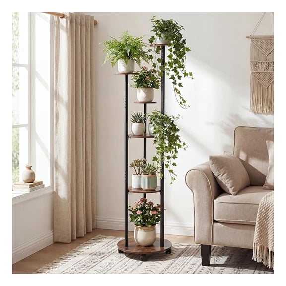 Plant Stand Indoor with RGB Grow Light, 6-tier 57" Tall Flowerpot Holder w/Adjustable Lighting Modes, Wheels, & APP Control, Corner Plant Shelf for Living Room (Rustic Brown)