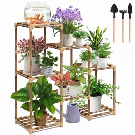 Plant Stand Indoor Three Tier Plant Shelf Outdoor Wooden & Plastic 3 Tiers Garden Flower Pot Rack for Patio Decor